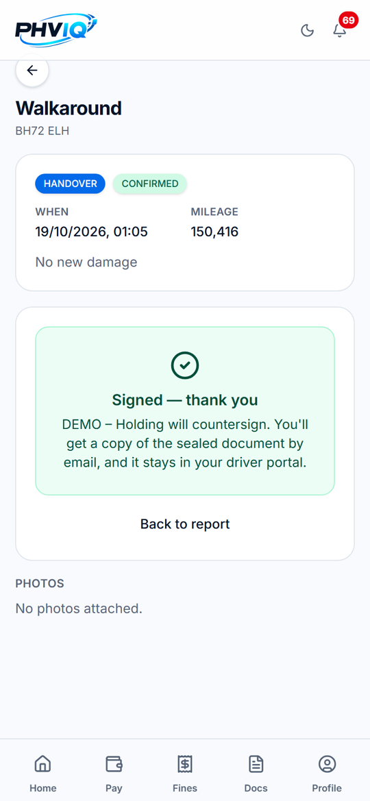 A demo handover walkaround on the driver's phone: mileage, time, no new damage, and a confirmation that the driver has signed