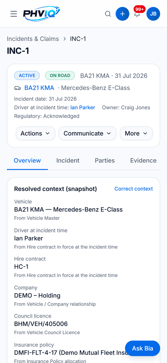 A demo incident on a phone: vehicle, driver at incident time, hire contract, council licence and insurance policy resolved automatically